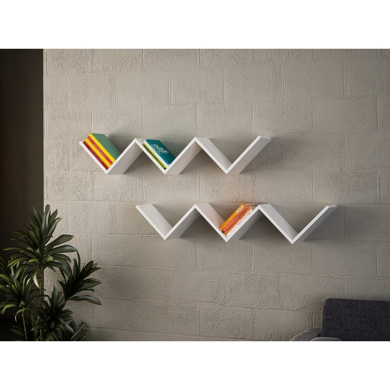 Set 2 rafturi pentru perete, Wooden Art, Zig Zag White, 129x24.5x22 cm - imagine 4